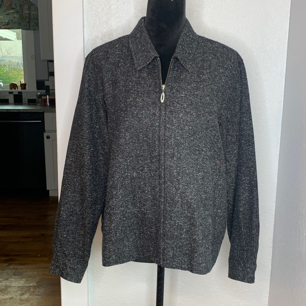 Christopher & Banks Herringbone Zip Front Jacket Size Large Gray Flecked Tweed